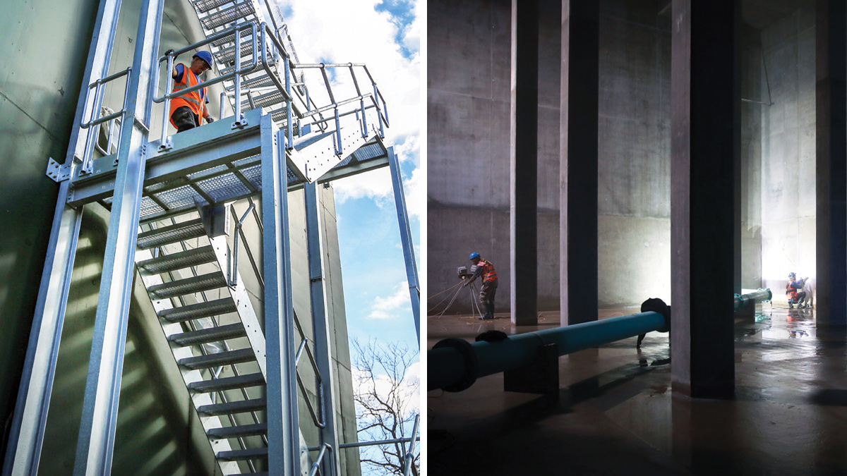 (left) Construction worker using the newly installed exterior staircase, and (right) the completed tank undergoing an integrity inspection - Courtesy of Stonbury