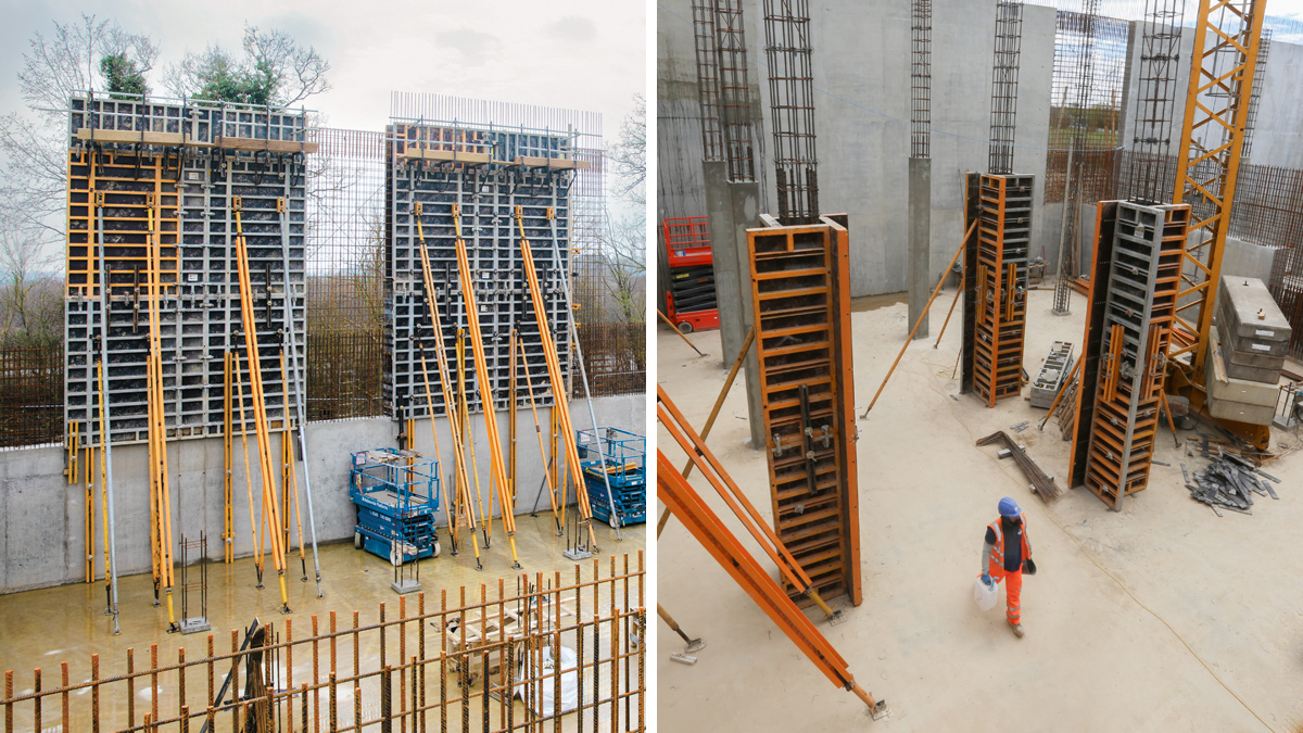 Formwork panels - (left) outside view during construction of the upper wall, and (right) inside view during construction of walls and columns – Courtesy of Stonbury
