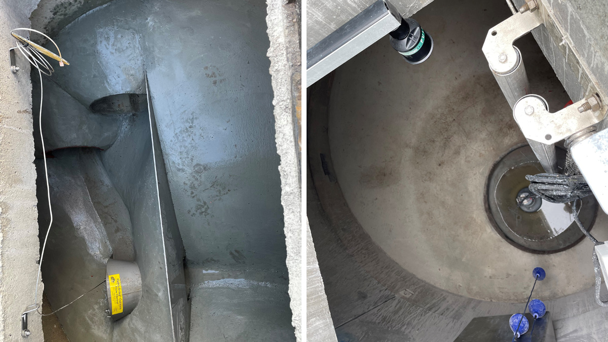 (left) Flow control chamber showing overflow weir and Hydro-Brake® and (right) looking down into the 30m3 stormwater tank showing the float controls, pump, pump guides and sump - Courtesy of Galliford Try