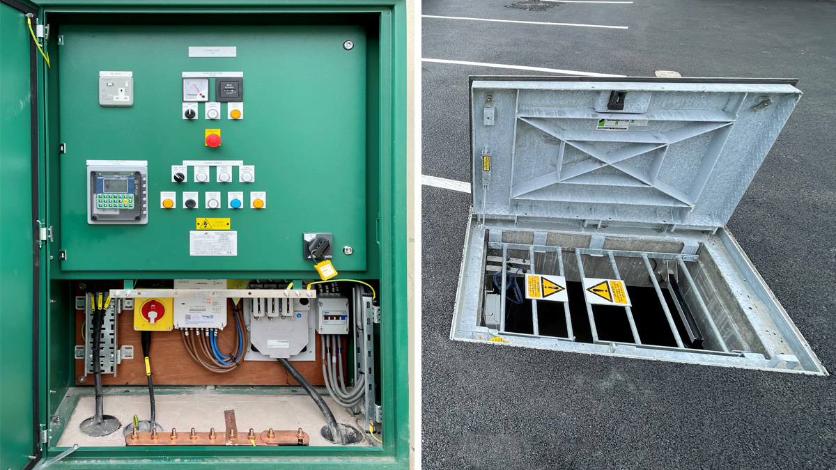 (left) All weather kiosk constructed off-site, containing the alarms, telemetry, pump return and mains in-comer and (right) access cover within the Manor House Car Park into the 30m3 stormwater tank all completed day before handover - Courtesy of Galliford Try