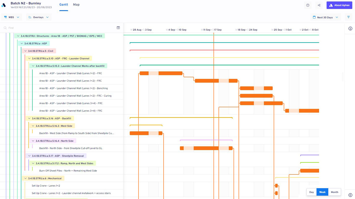 Aphex construction planning software Gantt chart - Courtesy of United Utilities