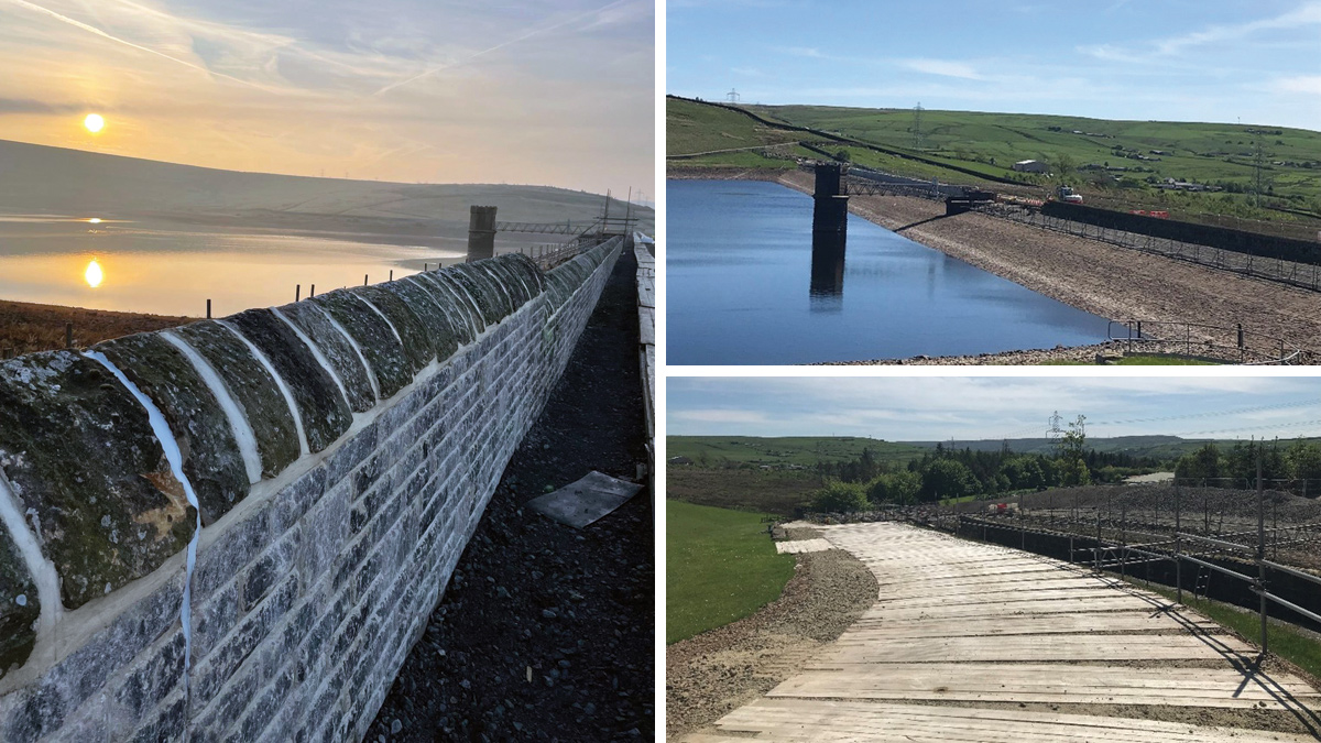 (left) The new wave wall upon completion, (top right) construction of the wavewall and, (bottom right) construction work on the spillway - Courtesy of Costain