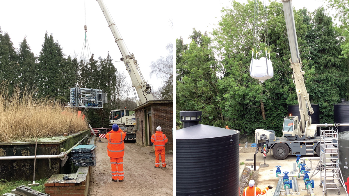 (left) Lifting of tertiary treatment plant, control panel and pipework manifold and (right) loading of media into TTP pressure vessels - Courtesy of CMDP JV