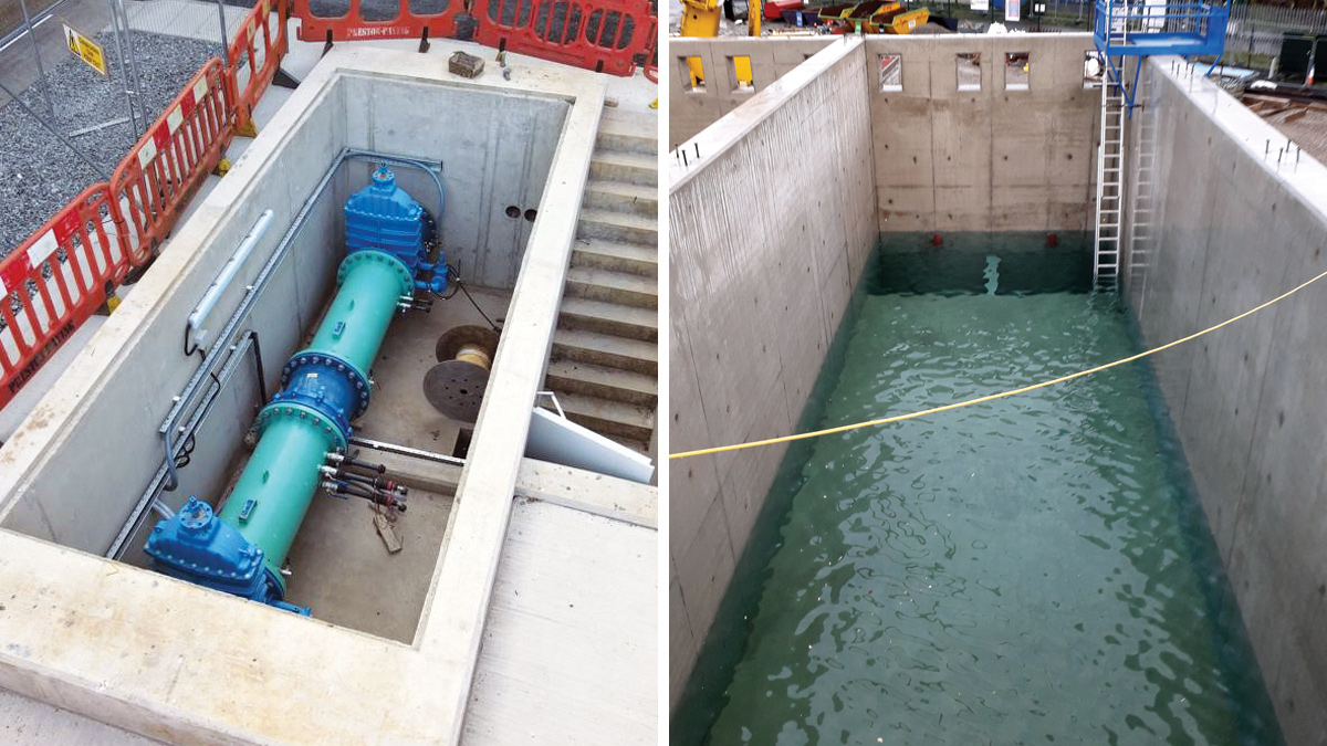 (left) Installation of static mixer and (right) water testing Clarifier 1 - Courtesy of DLG Water