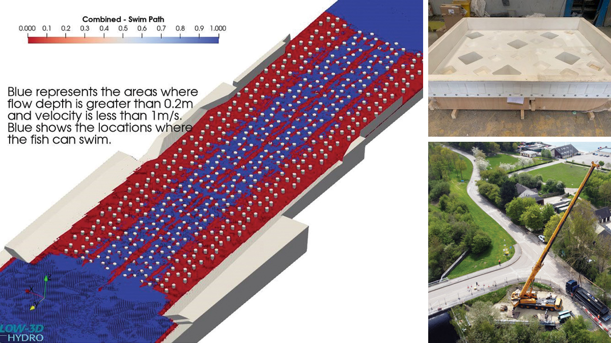 (left) Screenshot of fish pass model - Courtesy of JBA-Bentley, (top right) fish tile mould - Courtesy of Craven Concrete Ltd, and (bottom right) the Meadowgate site - Courtesy of JBA-Bentley