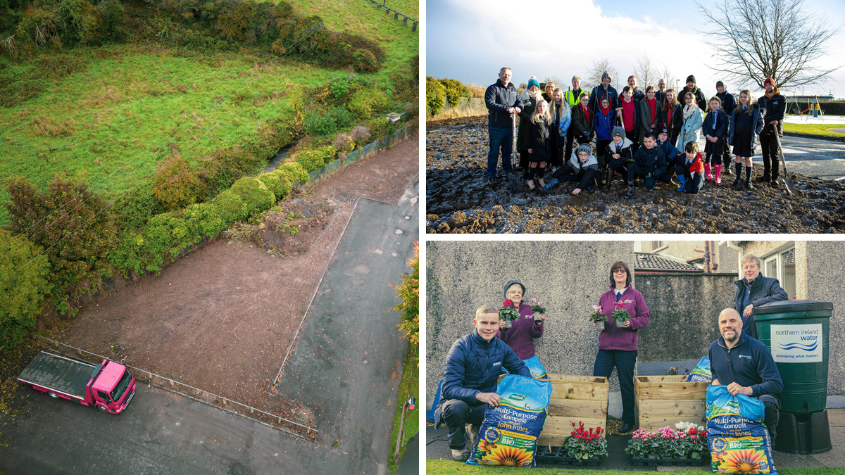 (left) Cleared strip adjacent to playpark, (top right) community orchard planting, and (bottom right) the Ballygowan project team preparing winter planters for the village with members of the local residents’ association  - Courtesy of NI Water