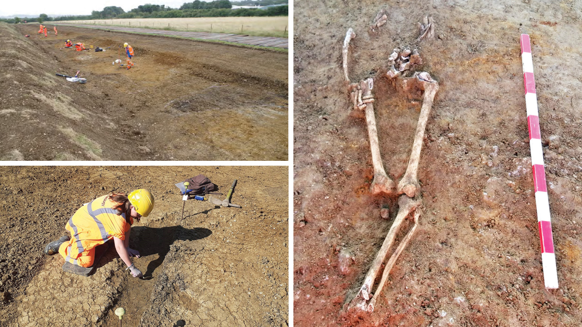 Archaeological investigations and (right) crouched burial - Courtesy of Kier Infrastructure and Overseas Ltd