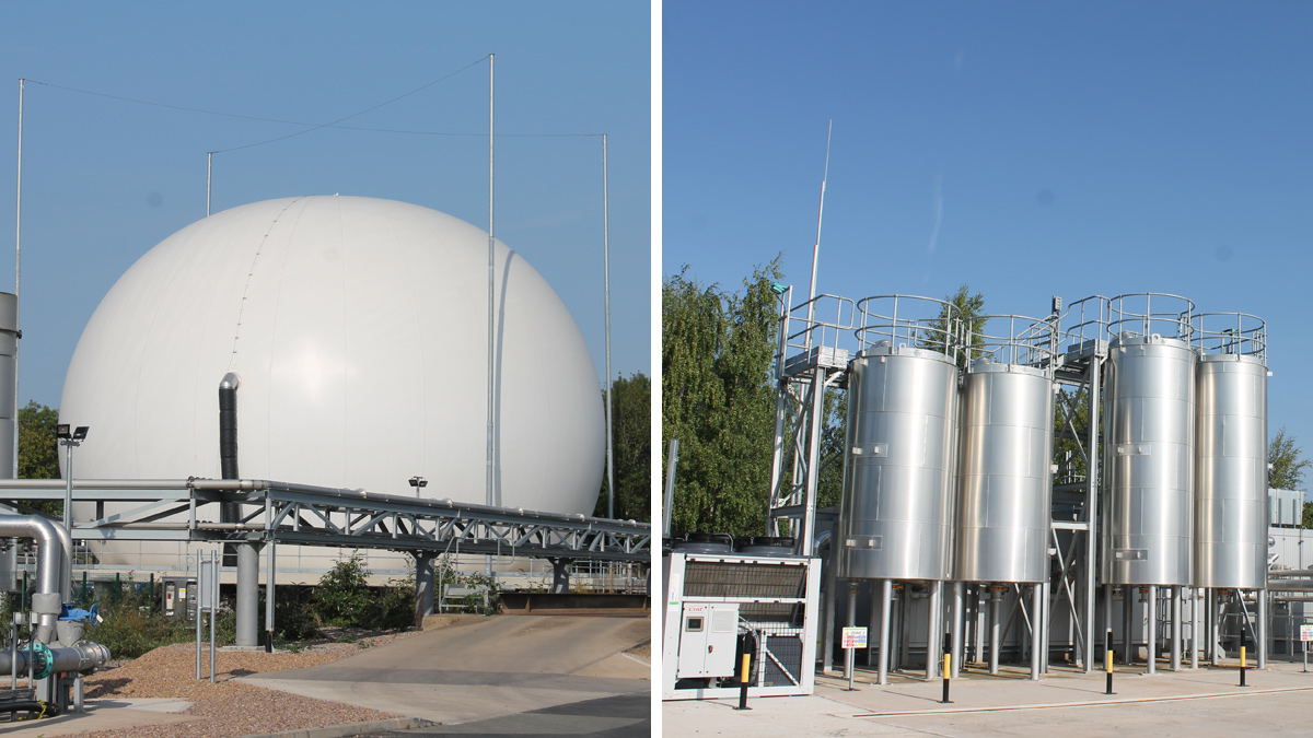 (left) Inflated gas holder and (right) biogas upgrade unit and carbon storage silos - Courtesy of Costain