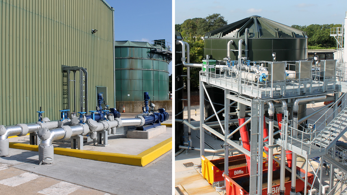 (left) Sludge transfer pumps and (right) elevated strain press in front of the buffer tanks - Courtesy of Costain