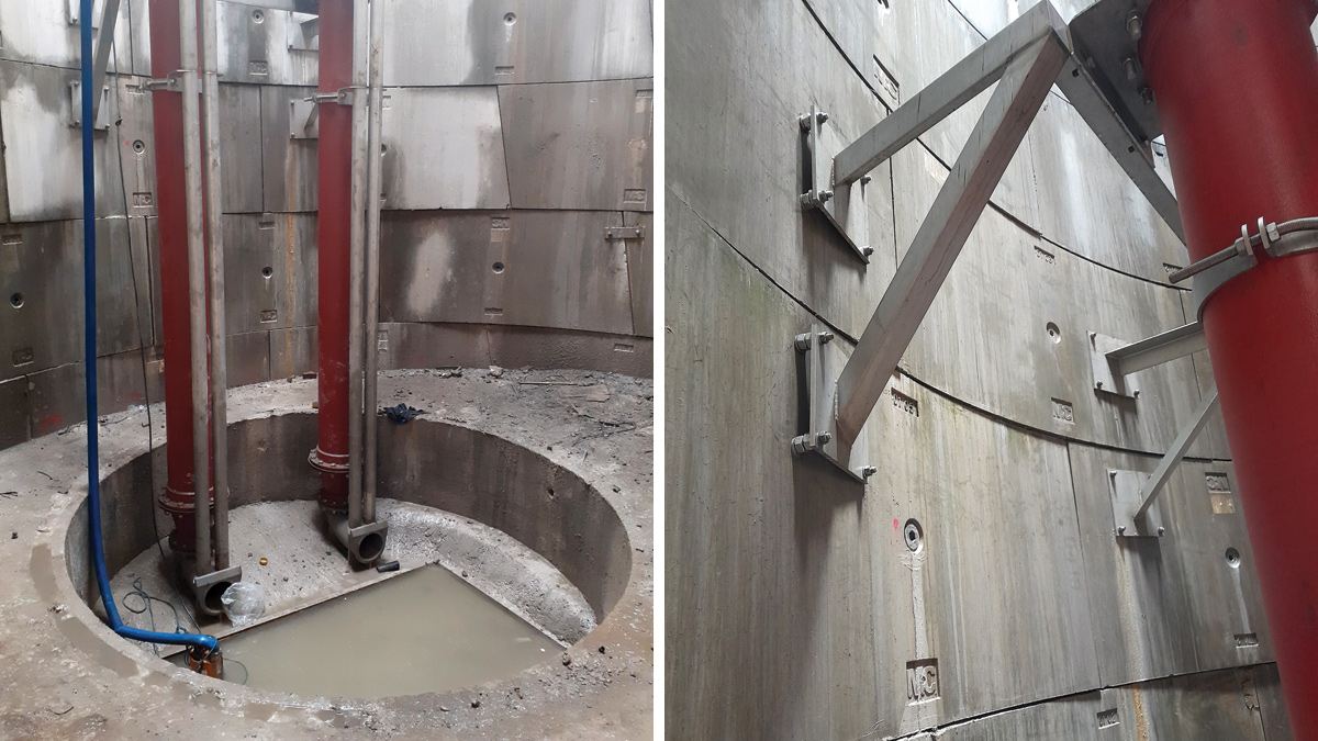 (left) Pipework within the shaft and (right) precast concrete segmental shaft rings - Courtesy of envolve infrastructure