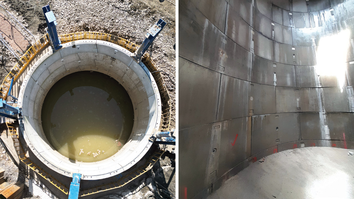 (left) Birdseye view of the wet caisson shaft under construction and (right) precast concrete segmental shaft rings at the base of the shaft - Courtesy of envolve infrastructure