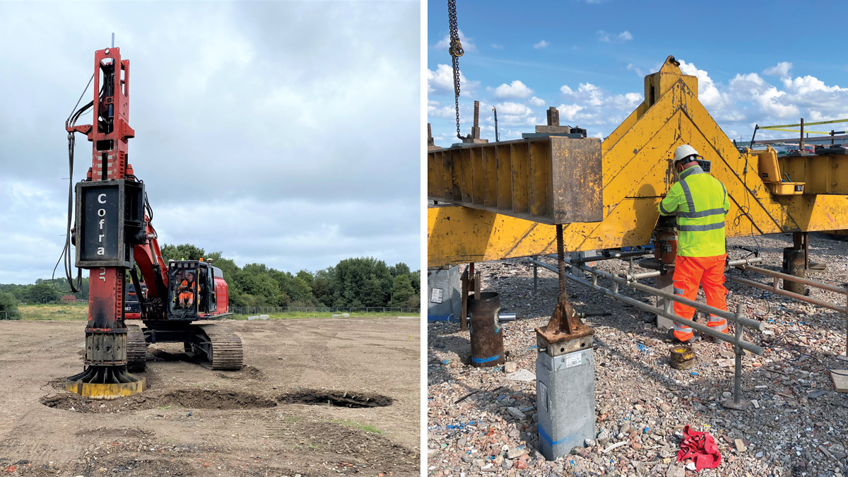 (left) Rapid impact compaction rig and (right) pile under test - Courtesy of BAM Enpure Ltd JV