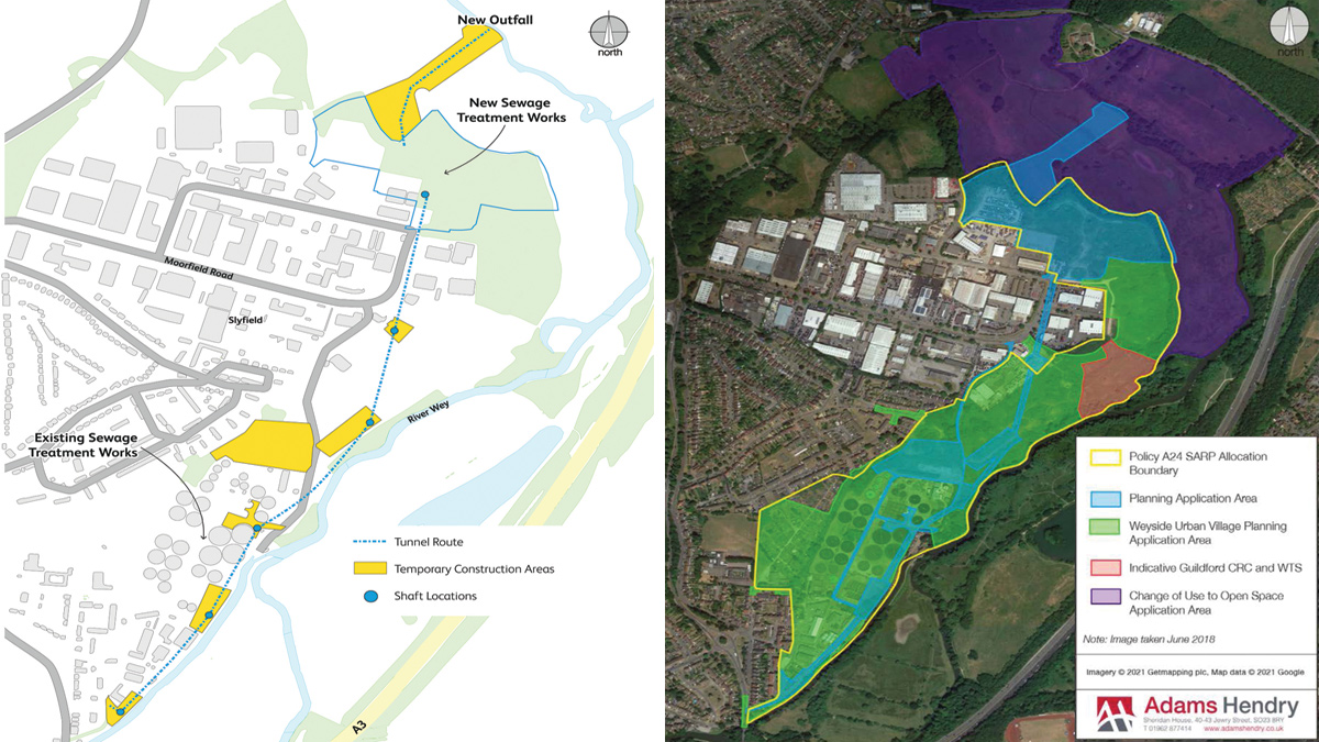 (left) Location of new sewage treatment works and tunnel route and (right) Slyfield Regeneration Project area - Courtesy of Adams Hendry