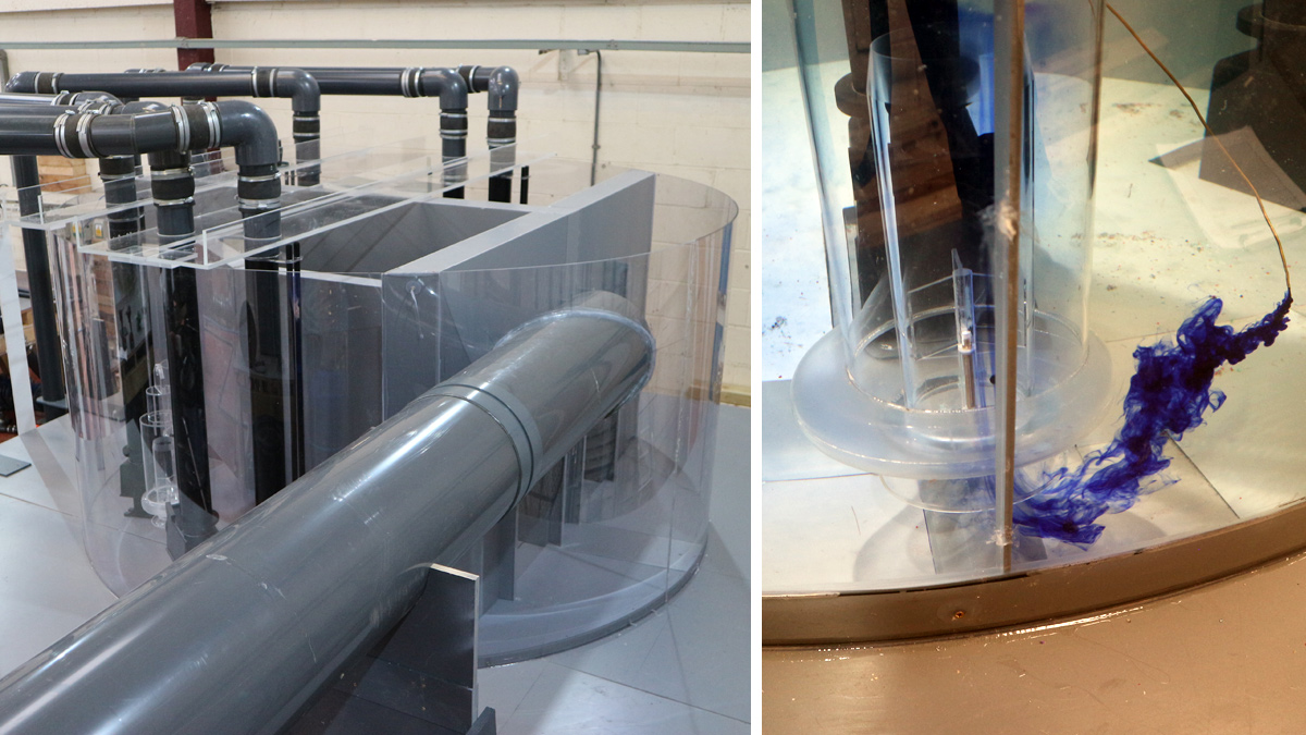 (left) inlet pumping station physical model and (right) inlet pump testing physical model - Courtesy of Hydrotec Consultants Ltd
