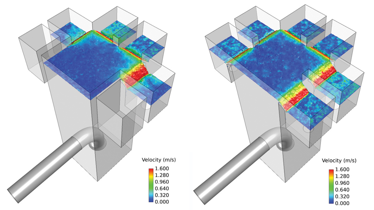 PST distribution chamber CFD models: (left) with four PSTs in service and (right) with six PSTs in service - Courtesy of The Fluid Group