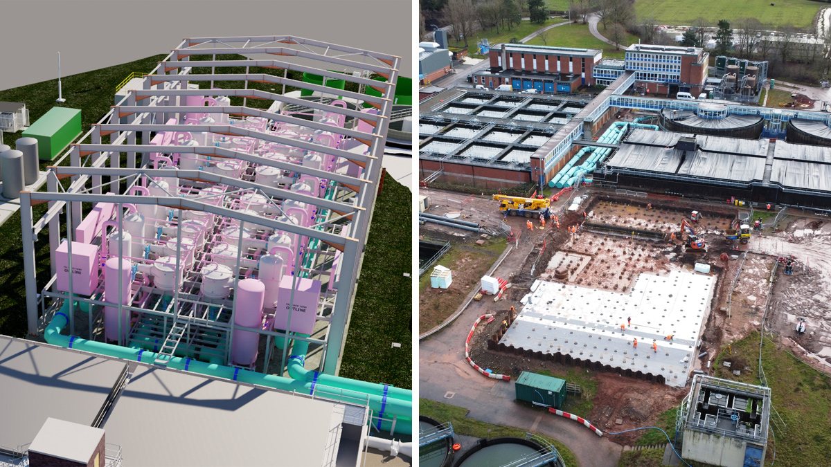 (left) Render of the Hampton Loade WTW CeraMac® plant and (right) construction progress to date (February 2023) - Courtesy of Ross-shire Engineering