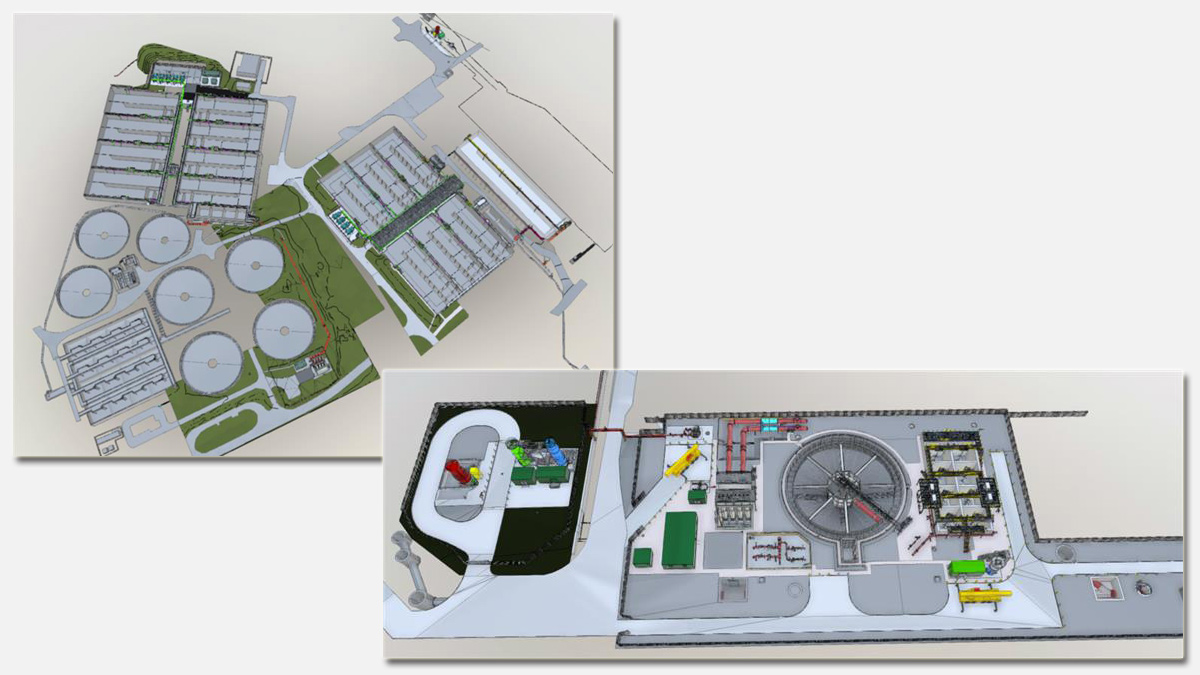 (left) 3D model image of the EBPR 1 & 2 site layout and (right) 3D model image of the future TSR site layout
