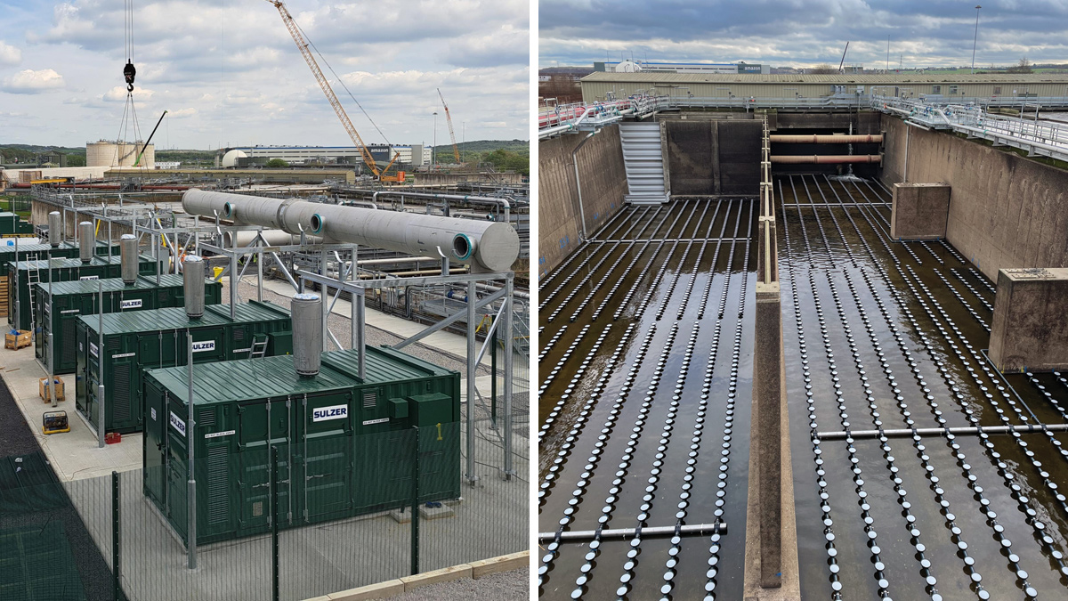(left) Progress of the new ASP2 blower slab, MCC and transformer area and (right) installation of the diffusers in the new activated sludge lane - Courtesy of Yorkshire Water and Ward & Burke