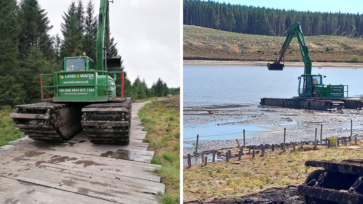 (left) Bog mat access track and (right) amphibious excavator used to load barge with coir matting - Courtesy of Welsh Water