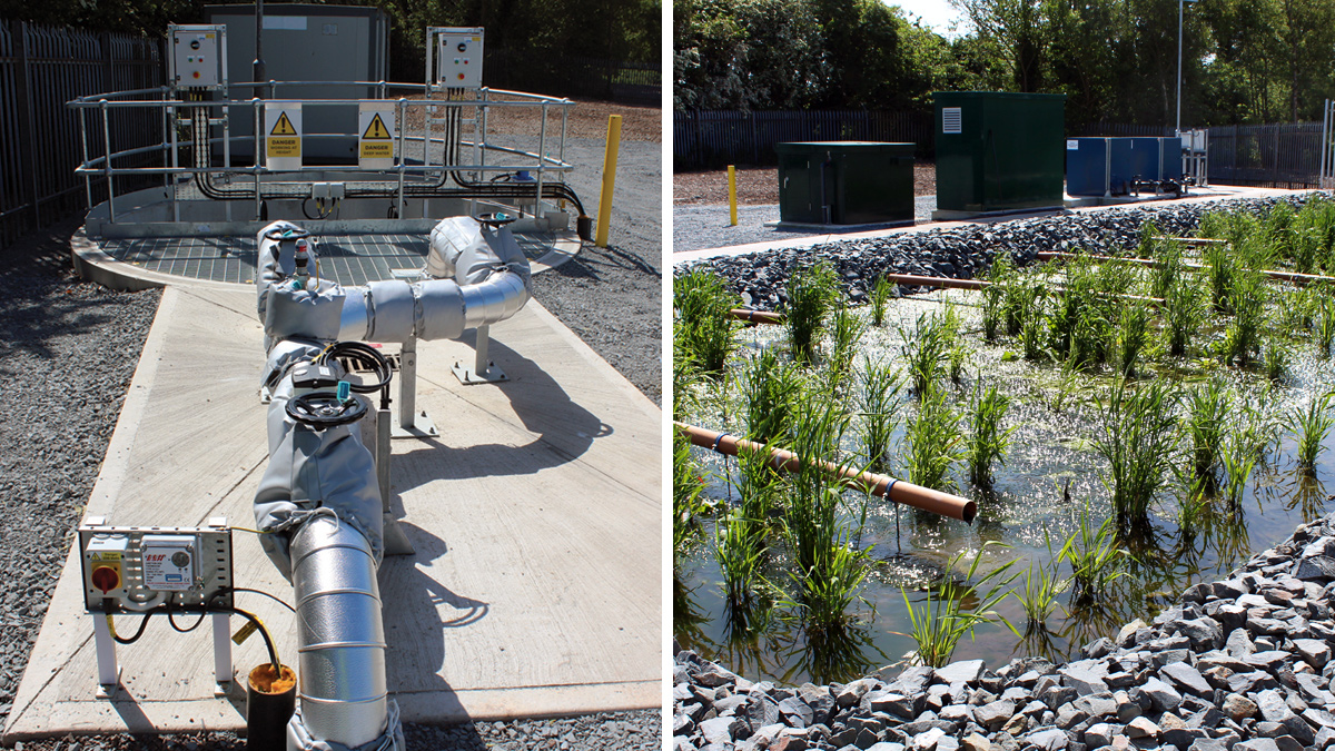 (left) SDD storage pumping station and (right) early aerated reed bed growth (spring 2023) - Courtesy of BSG Civil Engineering Ltd