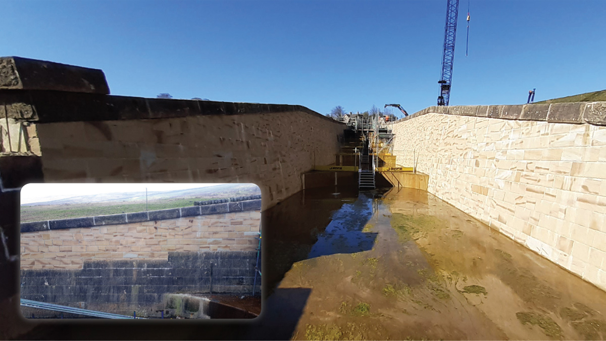 Completed masonry cladding on spillway, and (inset) wall raising showing new and existing masonry - Courtesy of MMB