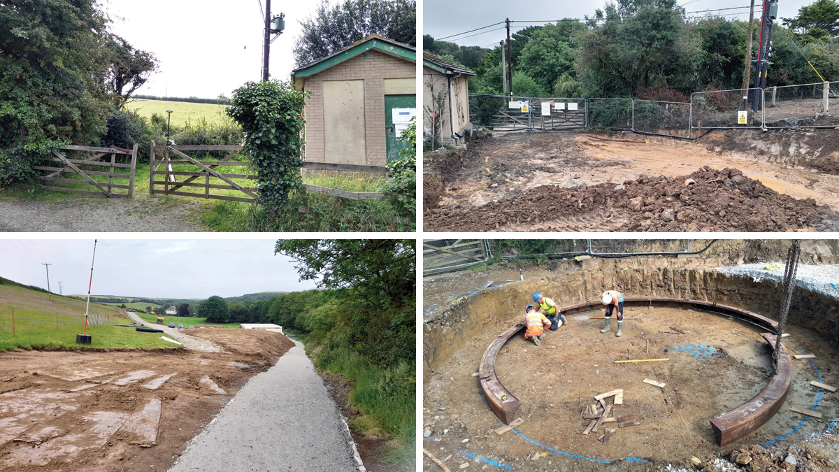 (top left) Existing site prior to improvement works, (top right) site clearance, (bottom left) construction of temporary footpath and haul road to shaft and (bottom right) shaft cutting edge construction - Courtesy of Galliford Try