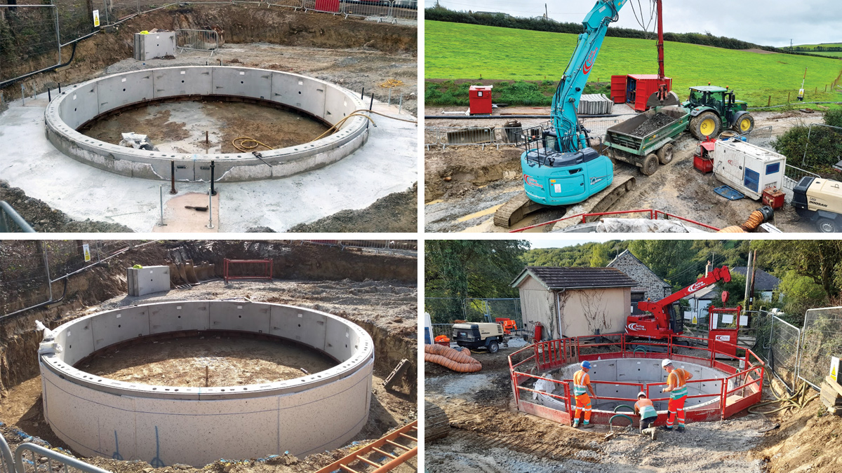 (top left) Shaft collar constructed ready for sinking, (top right) shaft excavation with 27t excavator, (bottom left) first ring constructed ready for casting concrete jacking collar and (bottom right) shaft sinking in relation to public footpath - Courtesy of Galliford Try