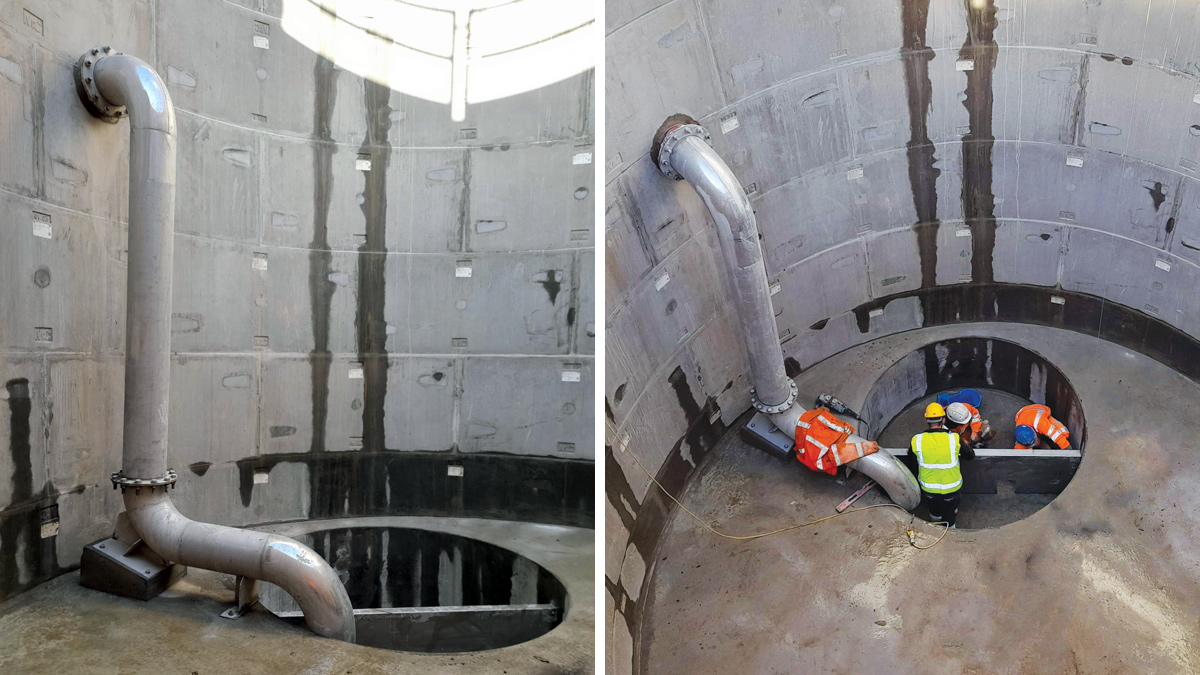 (left) Shaft drop pipe and pump sump with baffle plate and (right) shaft fit-out - Courtesy of Galliford Try