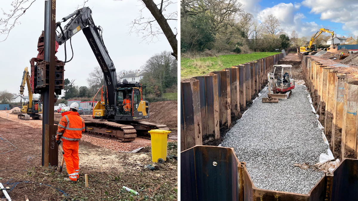 (left) Piling installation by Elite Sheet Piling Ltd, and (right) drainage blanket installation - Courtesy of Galliford Try