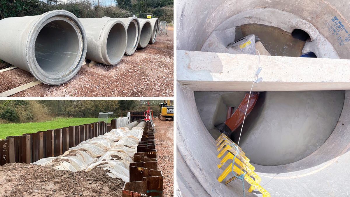 (top left) 1200mm precast concrete pipe sections, (bottom left) backfilling the stormwater tank, and (right) Hydro-Brake® from Hydro International in flow control chamber - Courtesy of Galliford Try