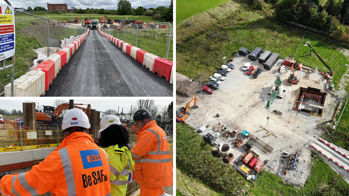 (top left) Temporary access road, (bottom left) collaborative working, and (right) aerial view of the Hathershaw CSO site compound - Courtesy of VJ Donegan Civil Engineering Ltd