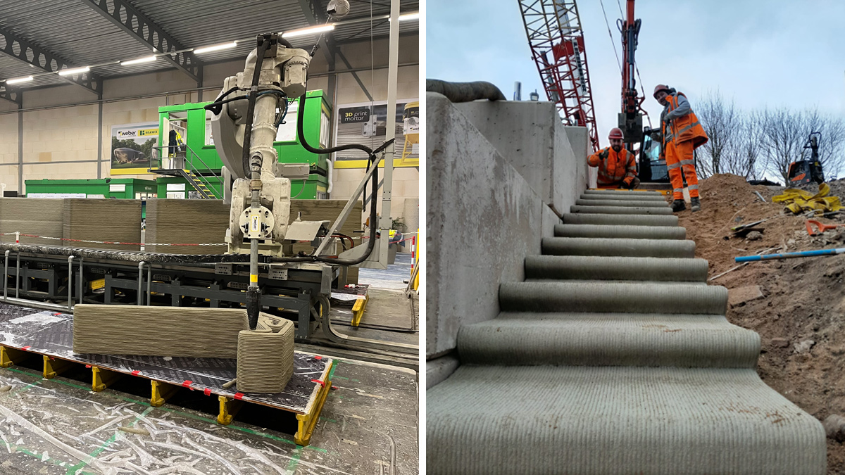 (left) 3D concrete printing and (right) installation of steps - Courtesy of JBA-Bentley