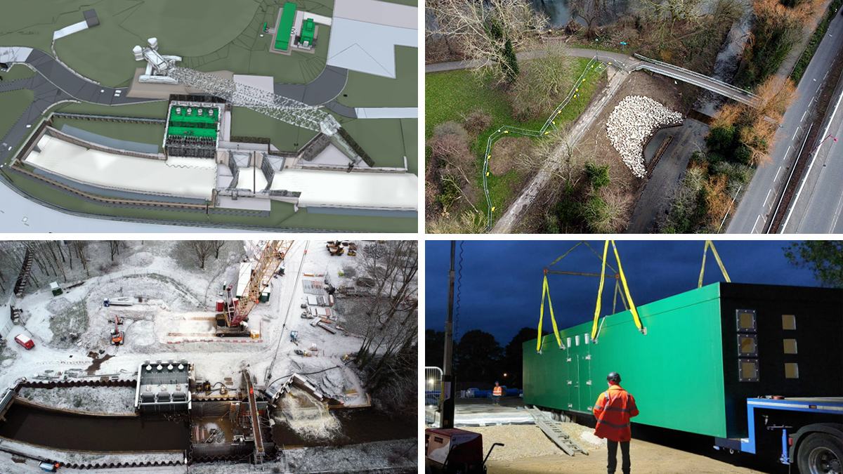 (top left) Modelling of the scheme included the main temporary works required, (top right) a fish refuge was part of habitat improvements implemented, (bottom left) in-channel works continued through the winter, and (bottom right) buildings were prefabricated and delivered to site pre-commissioned - Courtesy of JBA-Bentley