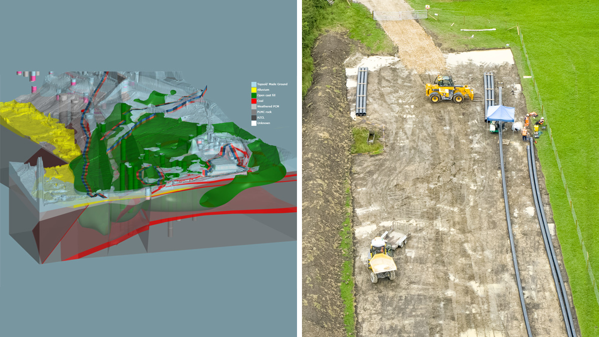 (left) Ground modelling to explore coal seams and (right) detail of rising main welding area - Courtesy of Mott MacDonald Bentley