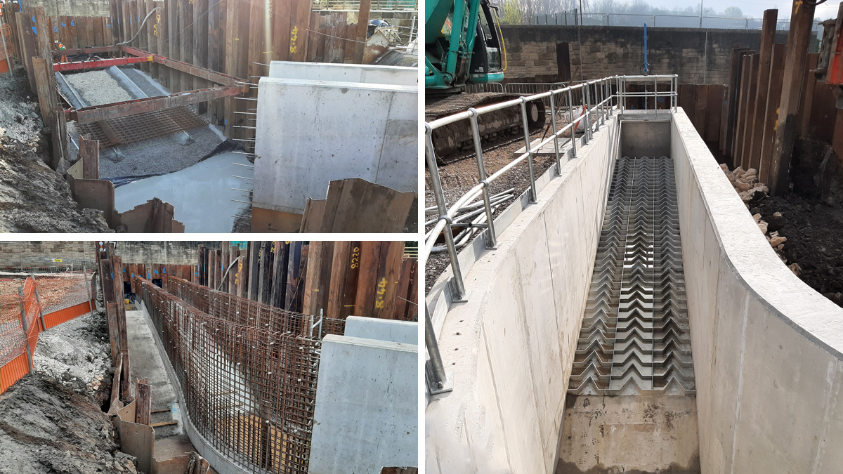 (top left) Propped cofferdam for upstream section of fish pass, preparing for blinding, (bottom left) fish pass wall rebar, upstream section, and (right) upstream baffles, penstock, and access metalwork installed in fish pass - Courtesy of Ward & Burke