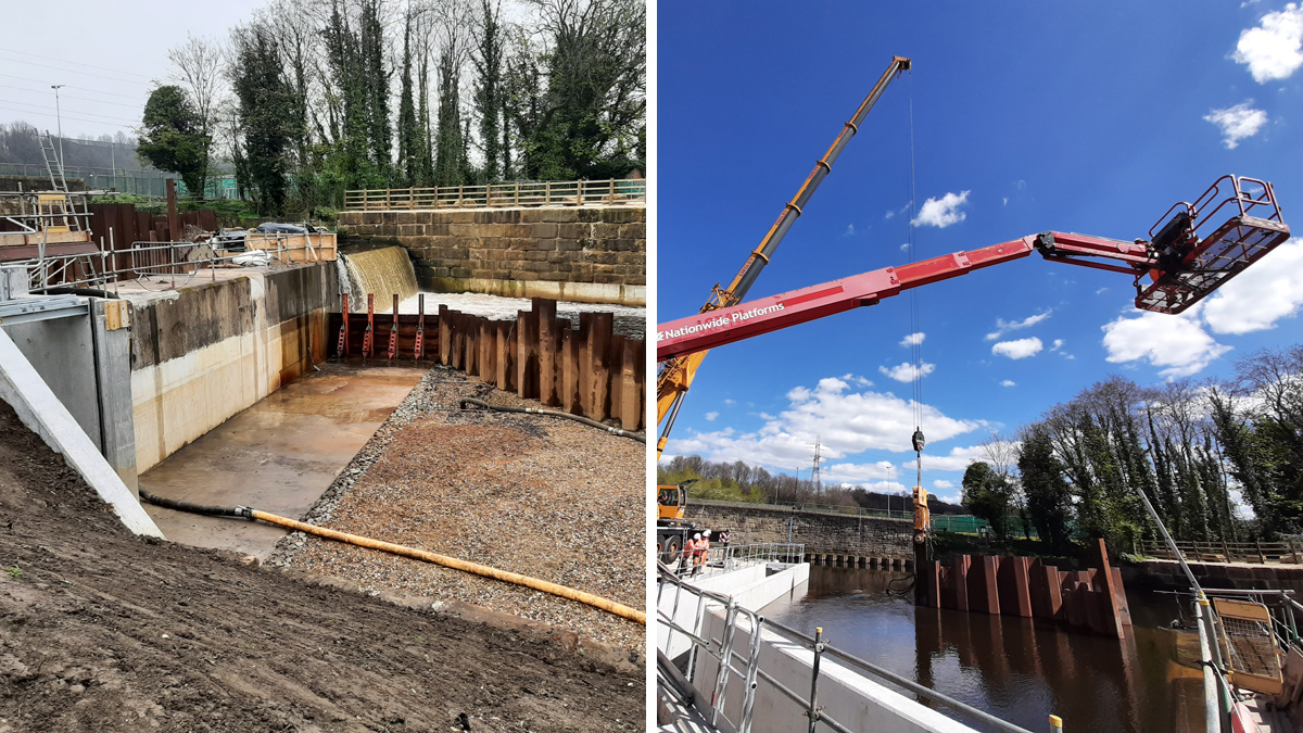 (left) right bank cofferdam, looking at the rebuilt left bank masonry wall (and right) 160 ton crane and vibro hammer removing the upstream cofferdam - Courtesy of Ward & Burke