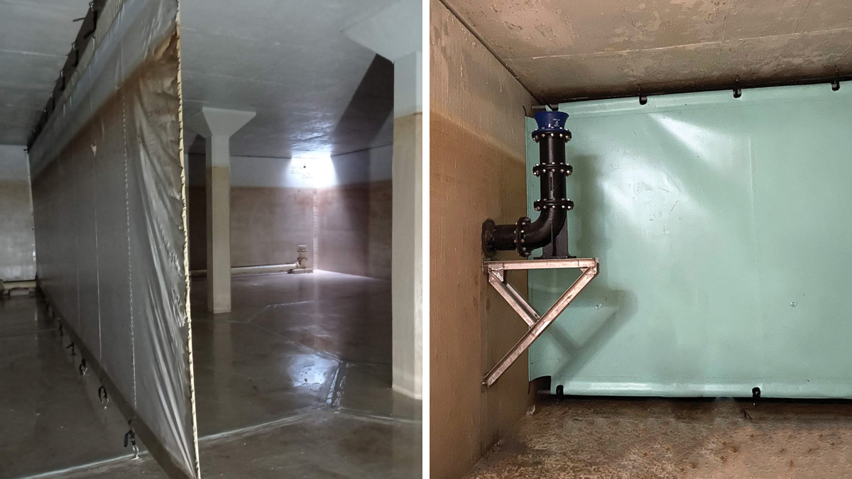 (left) the existing baffle curtain and (right) new anti-siphon inlet pipework and baffle curtain at Parkmore Service Reservoir - Courtesy of WSP