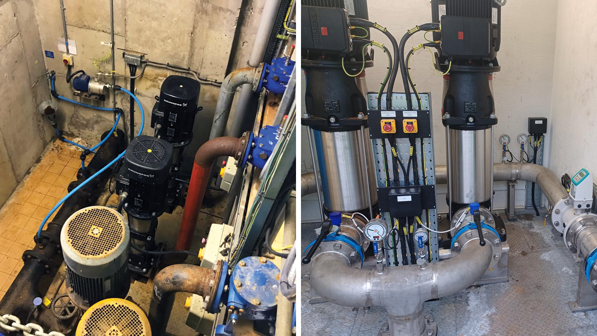 (left) The existing Cushendall WPS and (right) the new Grundfos pumps and inlet/outlet pipework - Courtesy of WSP