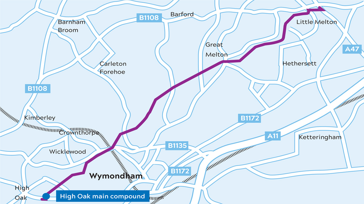 Route of the Norwich to Wymondham pipeline - Courtesy of SPA