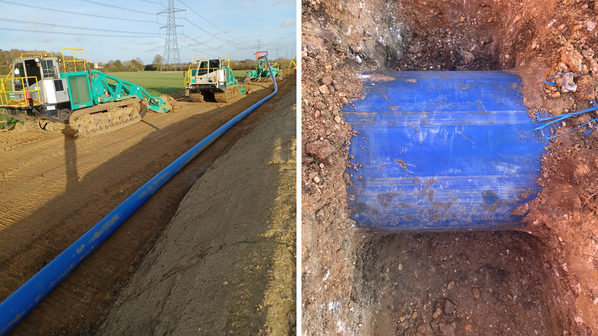 (left) Two winches in use and (right) excavation of ploughed pipe to test compaction and scraping - Courtesy of SPA