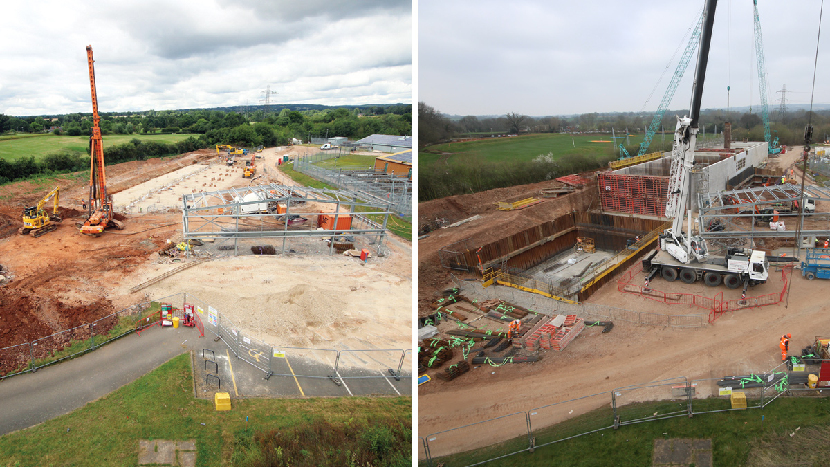 (left) Piling works for the RGF building and (right) construction progress March 2022 (photo by Lobster Pictures) - Courtesy of Galliford Try