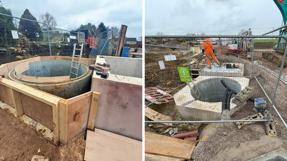 (left) Shuttering around the wet well in preparation for pouring the final layer of concrete surround and installing dowels into the valve chamber and (right) construction of wet well - Courtesy of Wessex Water