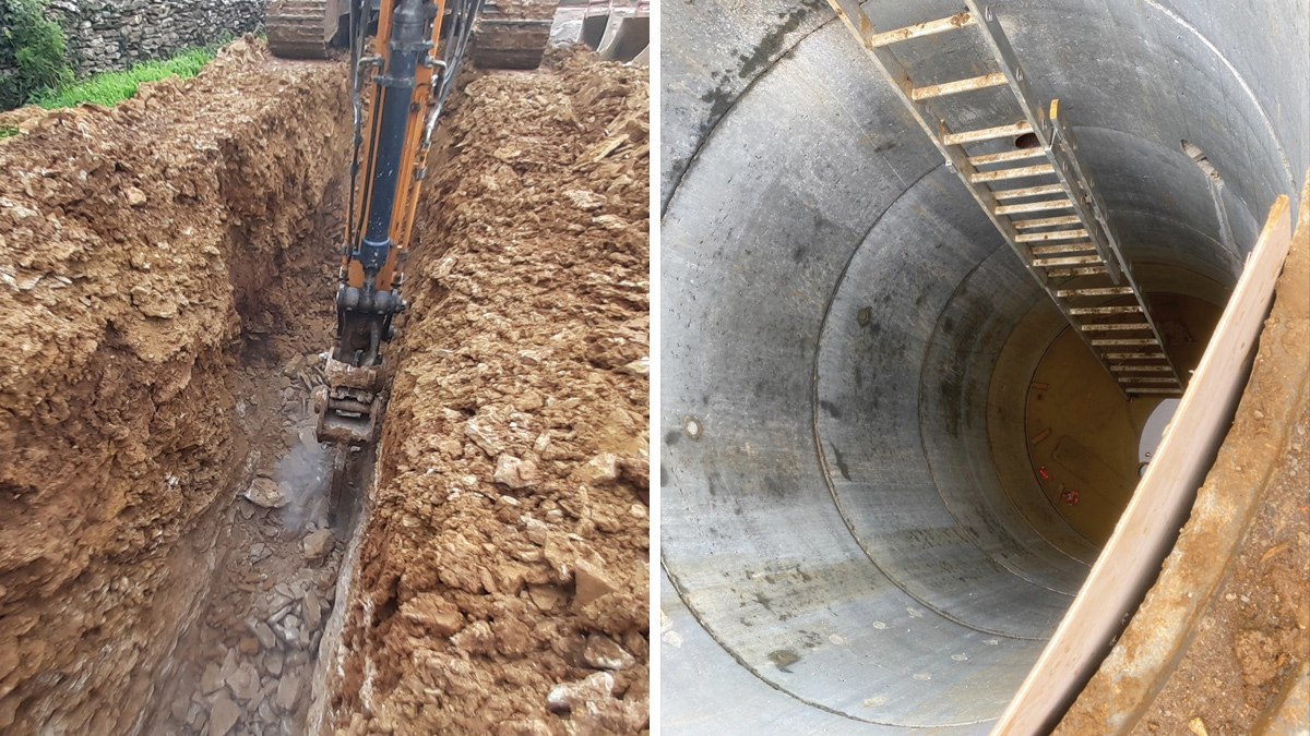 (left) Excavation of shallow rock for rising main and (right) internal view of the wet well before sump benching - Courtesy of Wessex Water