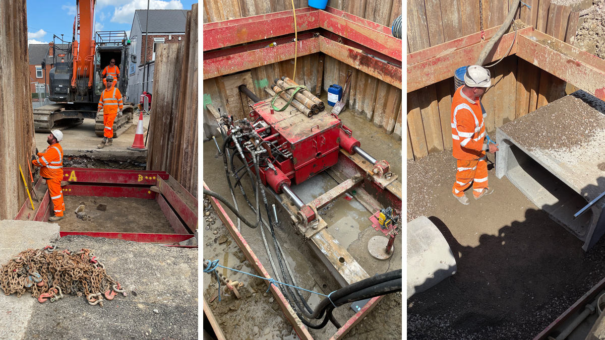 (left) Installation of drive pit on St Augustines Road, (middle) guided auger bore rig, and (right) the transition between 600mm and culverts - Courtesy of Galliford Try