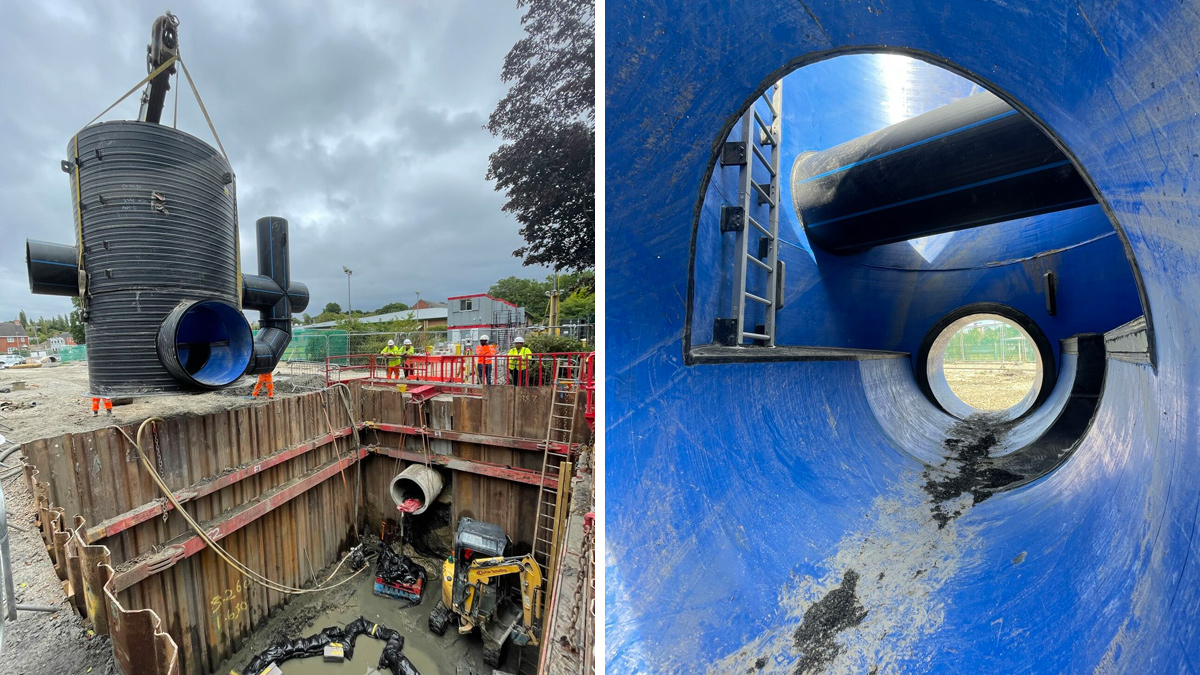 (left) Installation of prefabricated chamber within live sewer line and (right) inside the prefabricated chamber - Courtesy of Galliford Try