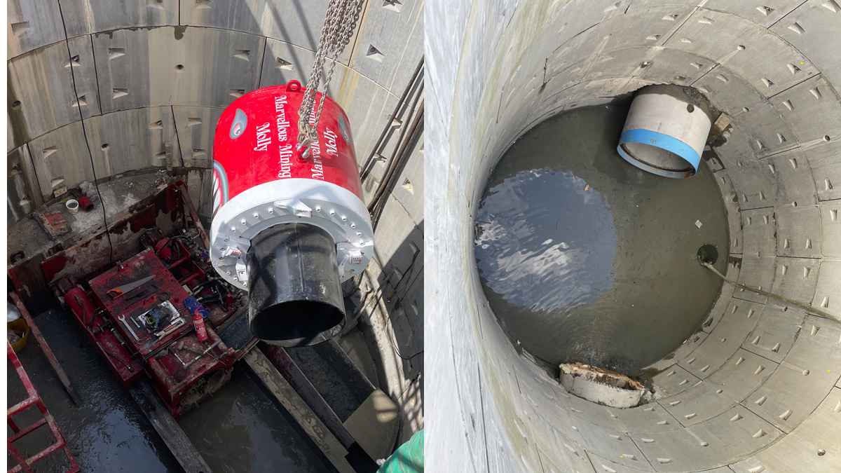 (left) The launch of TBM Marvellous Mining Molly and (right) shaft with pipe jacks installed about to be benched - Courtesy of Galliford Try
