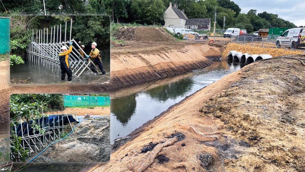 Construction of bypass channel and (inset) installation of the temporay PortaDam from OnSite Central Ltd  - Courtesy of Galliford Try