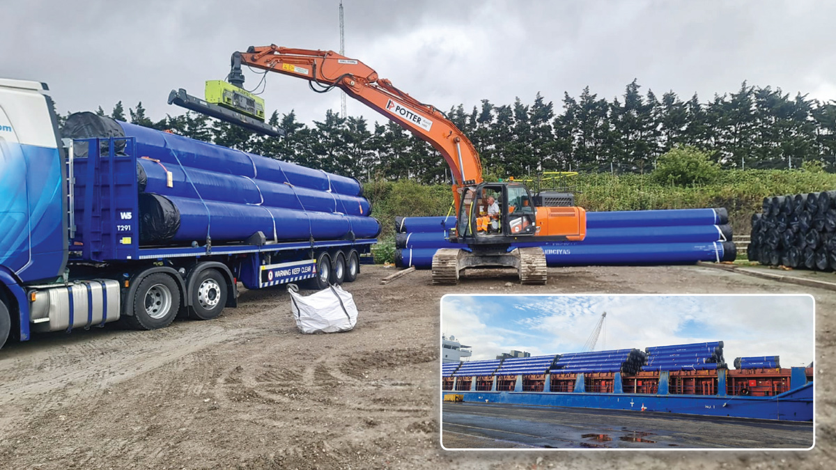 Delivery of steel pipes to the site and (inset) pipes arriving in the UK - Courtesy of FT Pipeline Systems