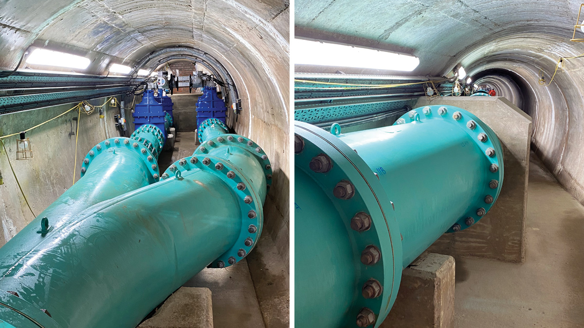 (left) Scour pipework arrangement at the bulkhead and (right) scour pipework & thrust block - Courtesy of MMB
