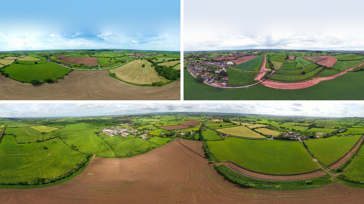 (top left) 360° view stretching from Glastonbury Torr in the South to Wells in the north, (top right) pipeline easement at Wells and (bottom) the internationally important Somerset Levels and Moors, demanding the utmost of environmental and biodiversity care and attention - Courtesy of envolve infrastructure